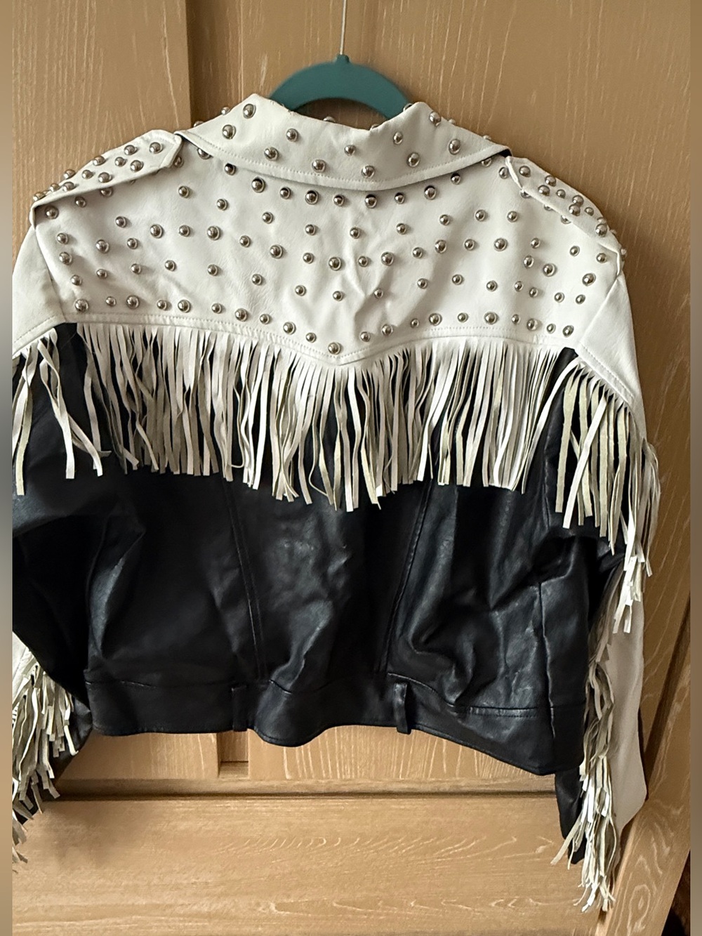 Nasty Gal Black & White Studded Fringe Moto Jacket - Picture 2 of 10